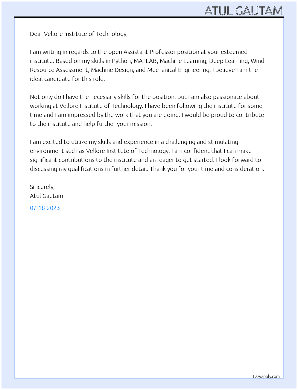 Professor At Vellore Institute of Technology, Bhopal Cover Letter