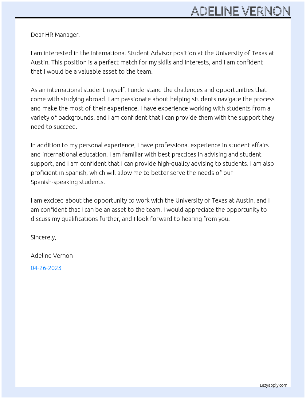 International Student Advisor At University of Texas at Austin Cover Letter