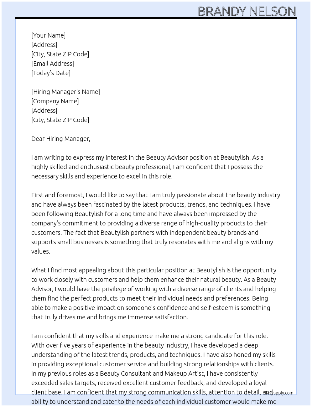 Beauty Advisor At Beautylish Cover Letter