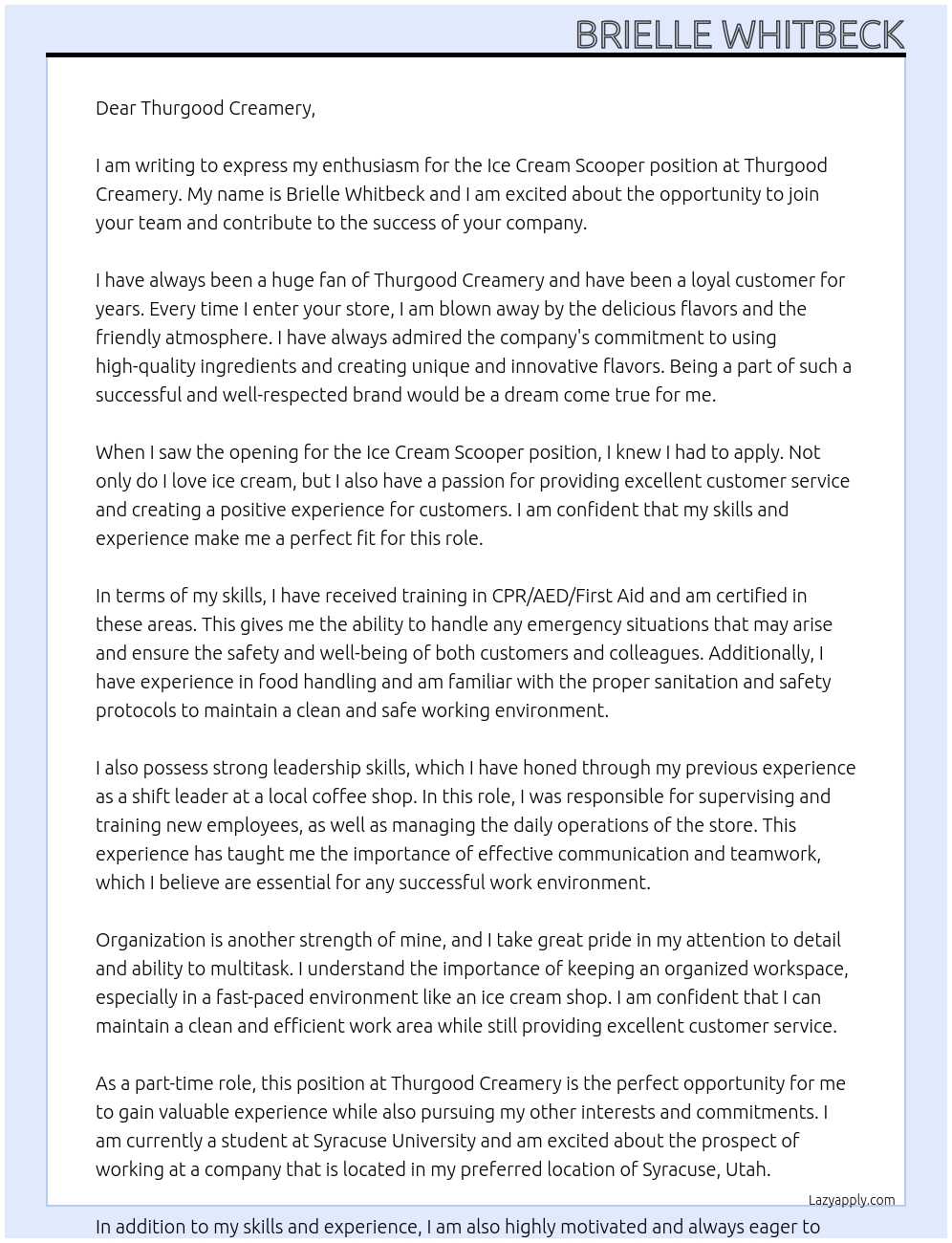 Ice Cream Scooper At Thurgood Creamery Cover Letter