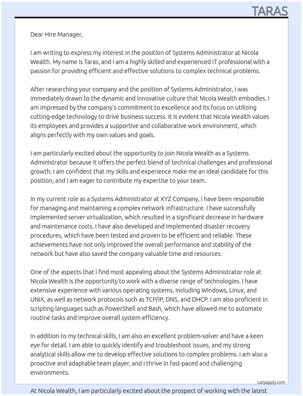 Systems Administrator At Nicola Wealth Cover Letter