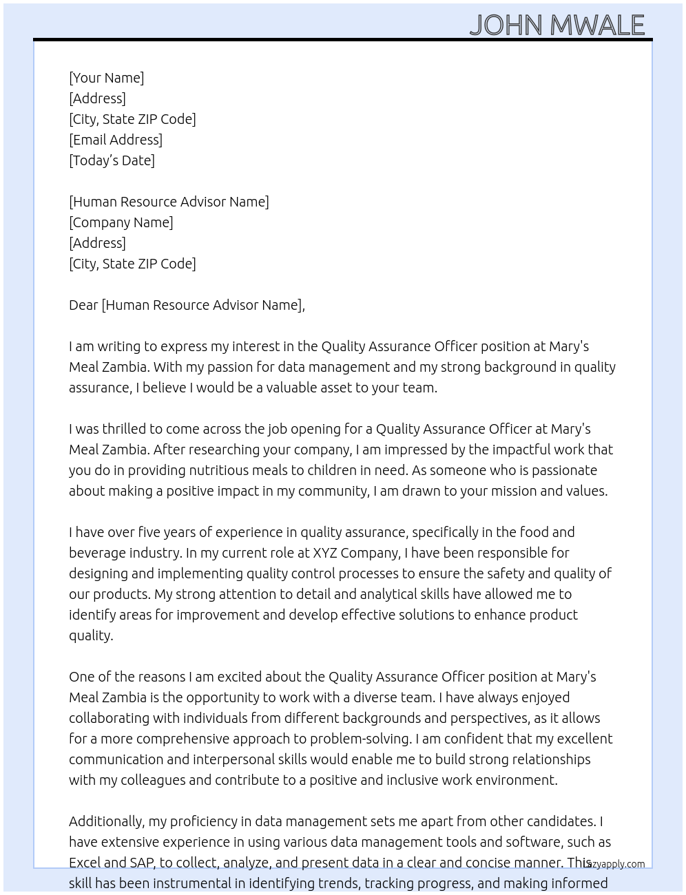 Quality Assurance Officer  At Mary's Meal Zambia  Cover Letter