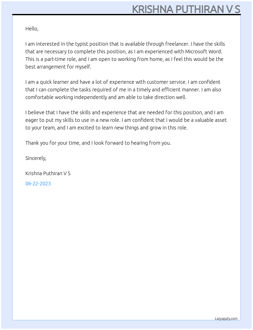 Typist At freelancer Cover Letter