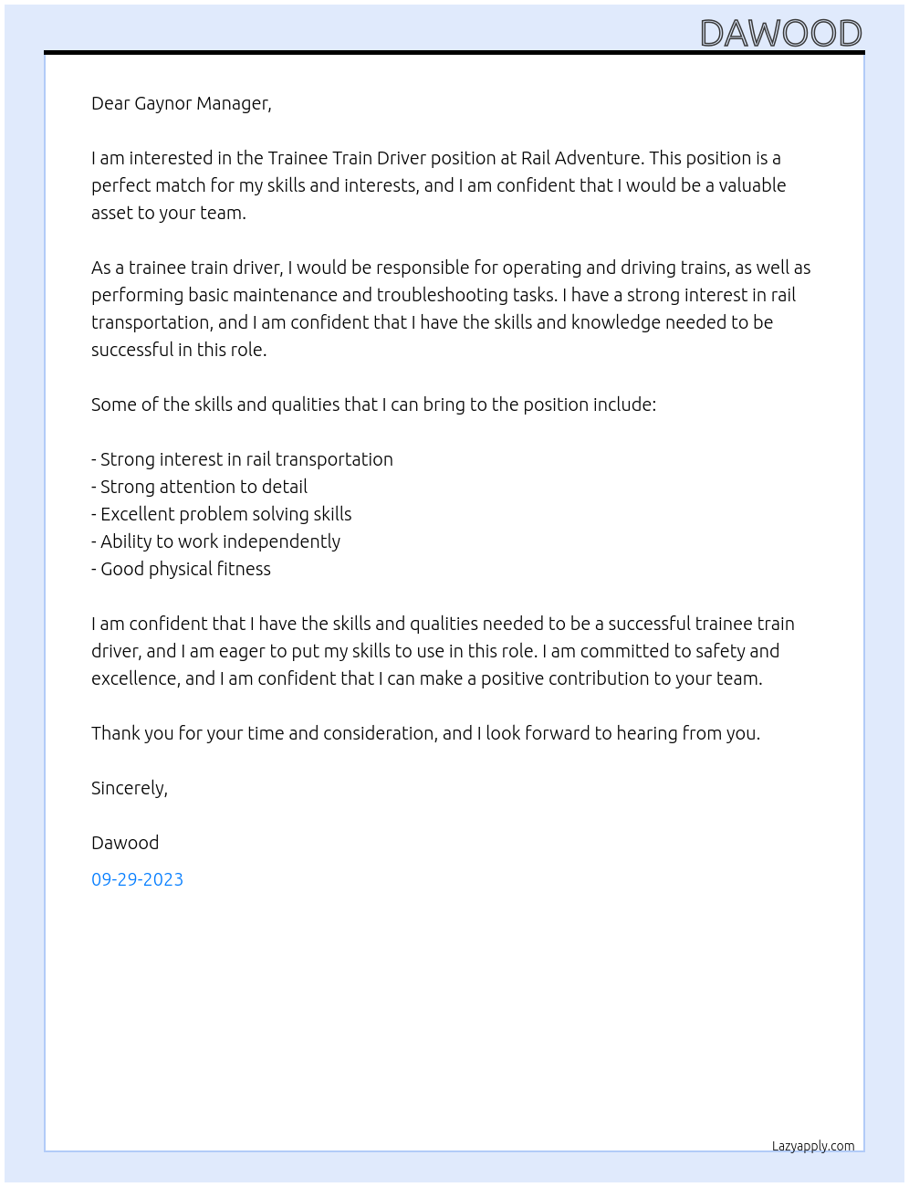 Trainee train driver At Rail adventure Cover Letter