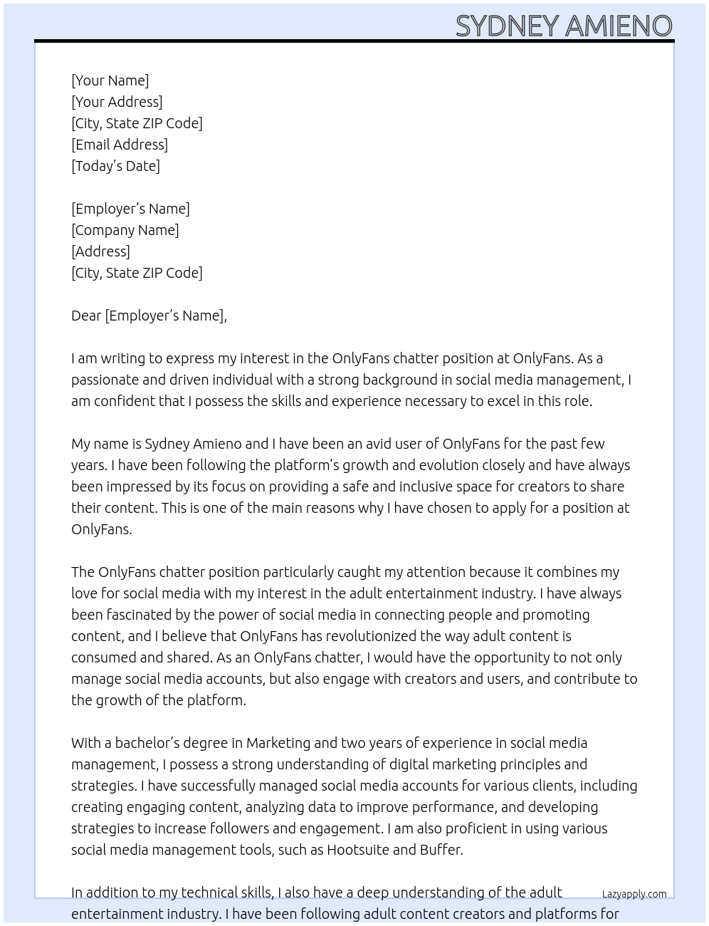OnlyFans chatter At onlyfans Cover Letter