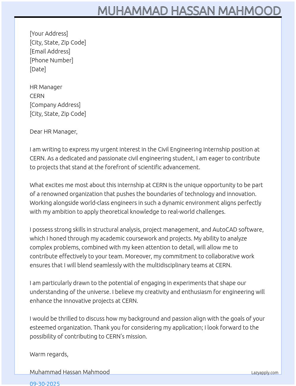 Civil engineers internship At CERN Cover Letter