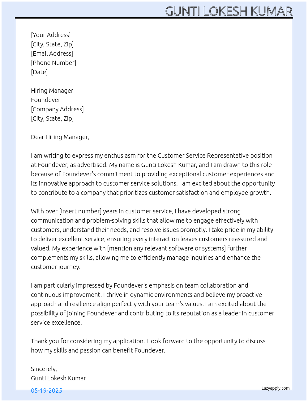 Customer Service Representative At Foundever Cover Letter