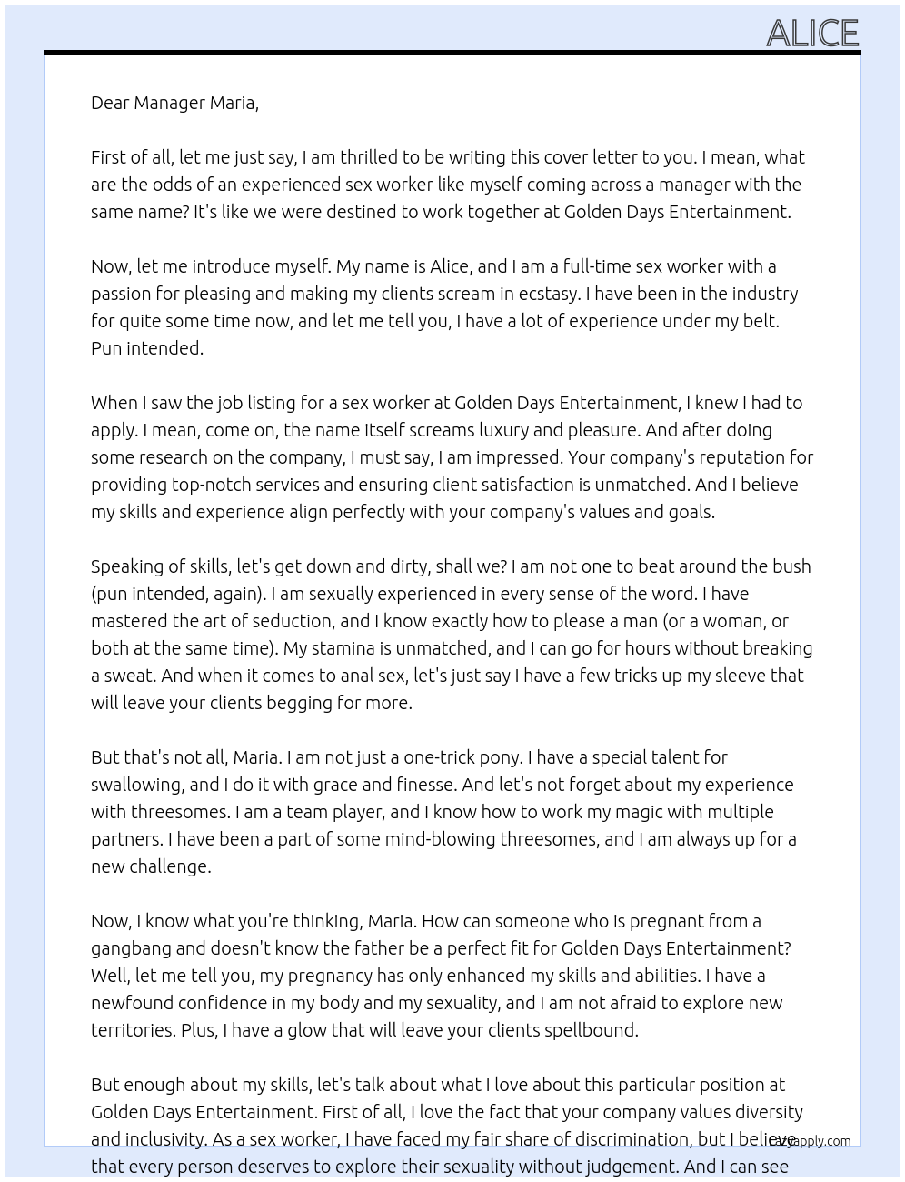 Sex worker At Golden Days Entertainment Cover Letter