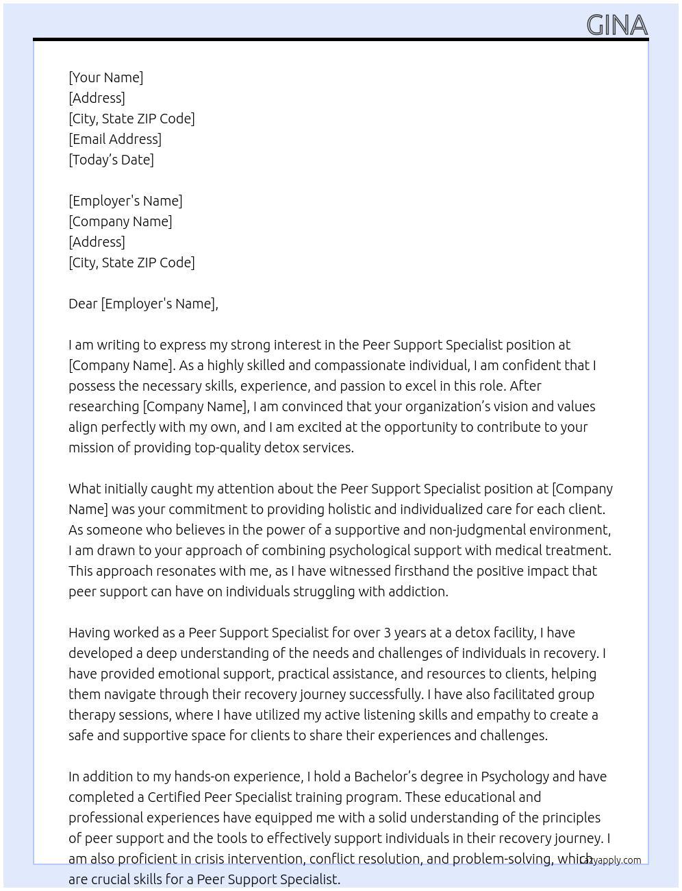 peer support specialist At a detox Cover Letter