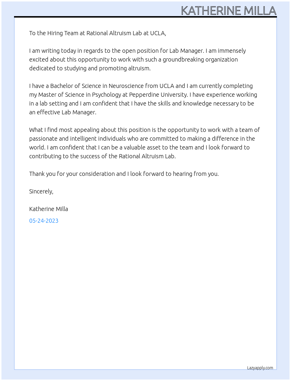 Lab Manager At Rational Altruism Lab at UCLA  Cover Letter