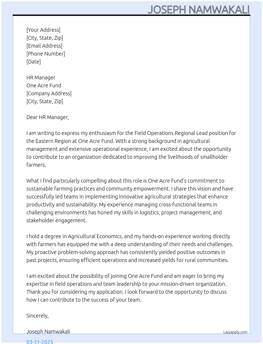 Field Operations Regional Lead -Eastern Region At One Acre Fund Cover Letter