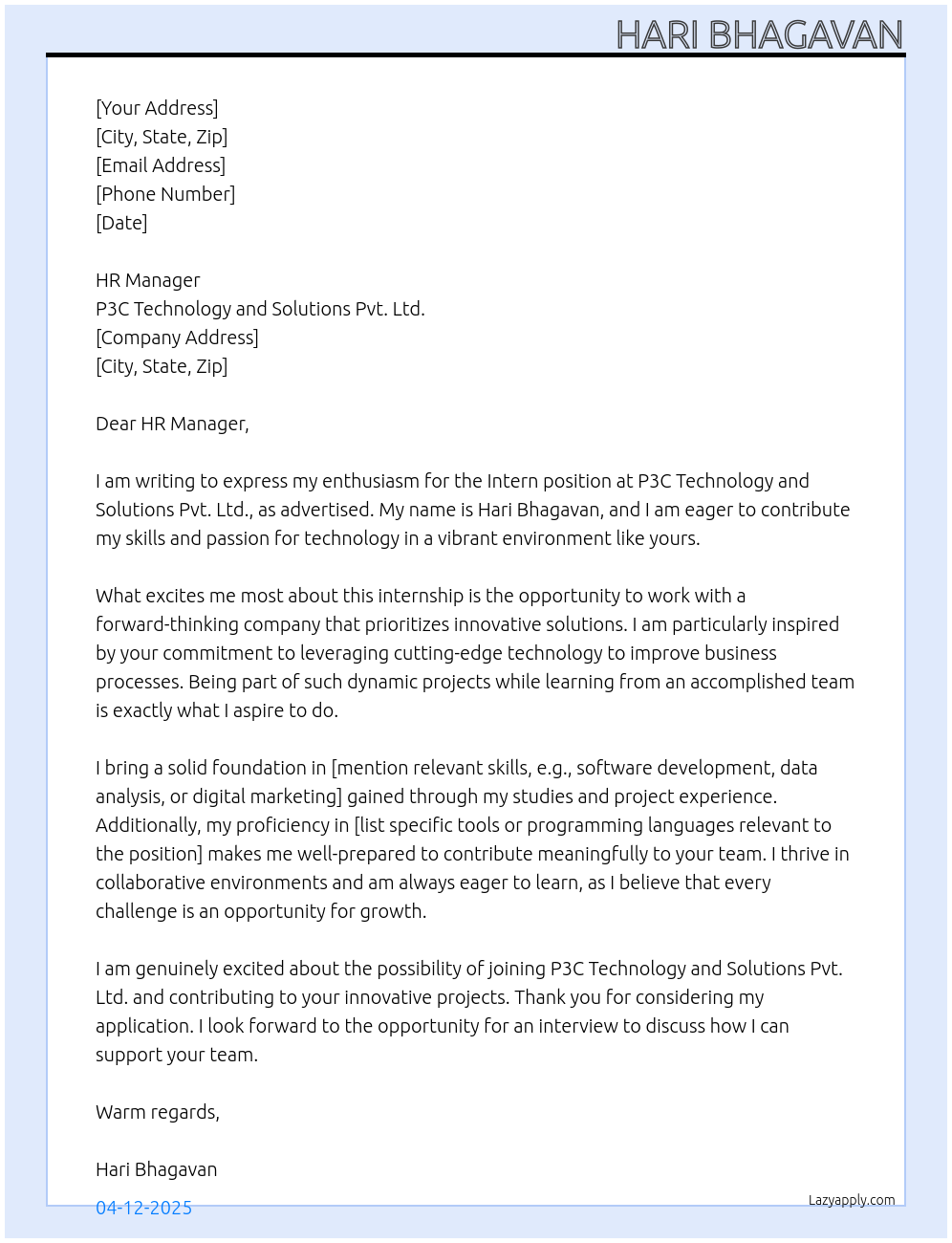 Intern At P3C Technology and Solutions Pvt. Ltd. Cover Letter