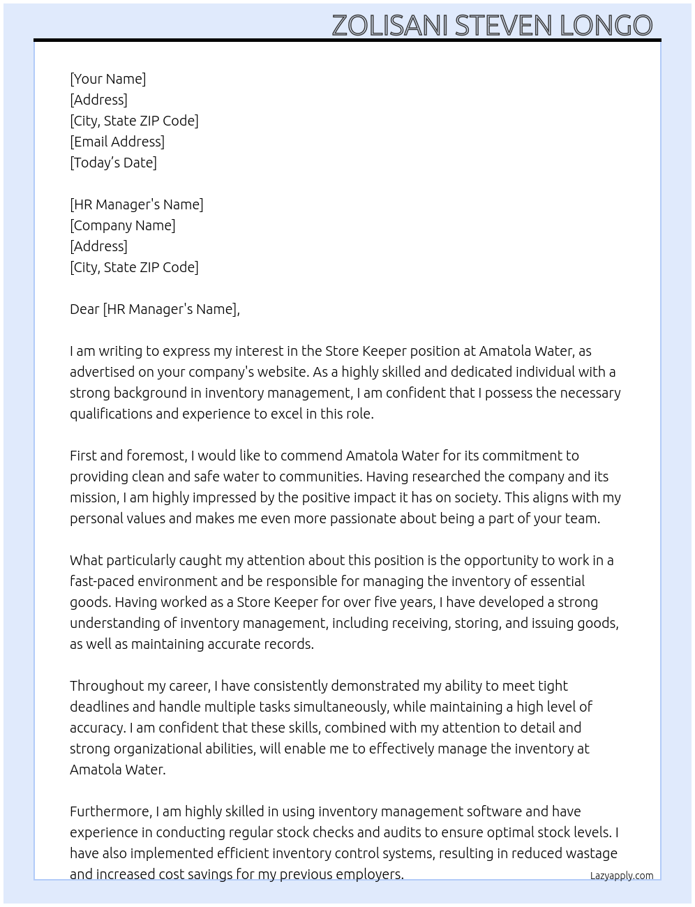 Store Keeper At Amatola Water Cover Letter