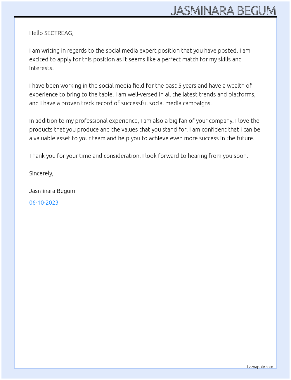 SOCIAL MEDIA EXPERT At ASSAM SECTRIA Cover Letter