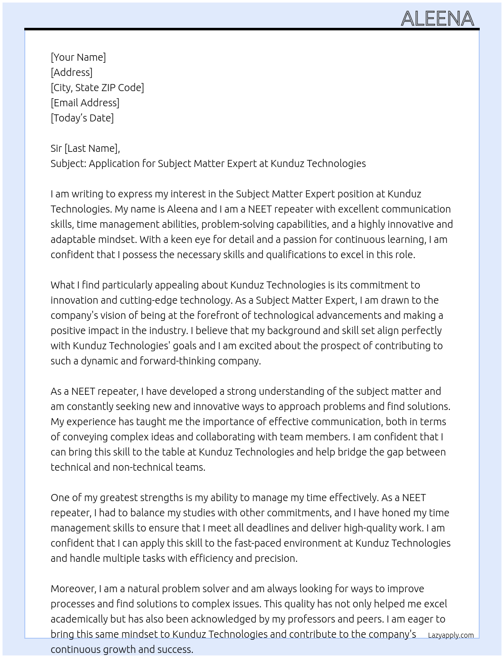 Subject Matter Expert  At Kunduz Technologies Cover Letter