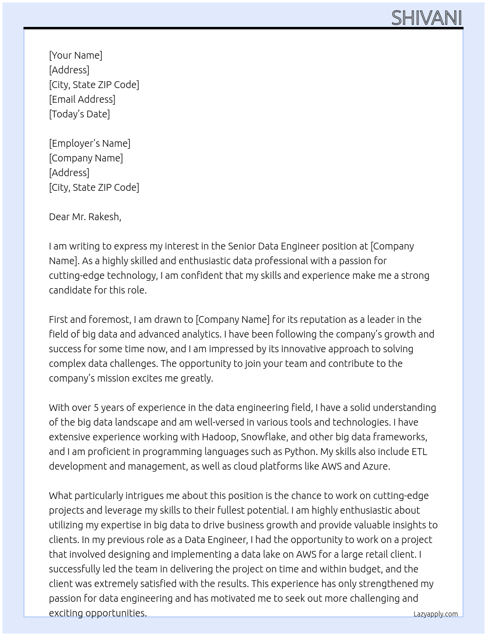 Senior Data Engineer At Company Cover Letter