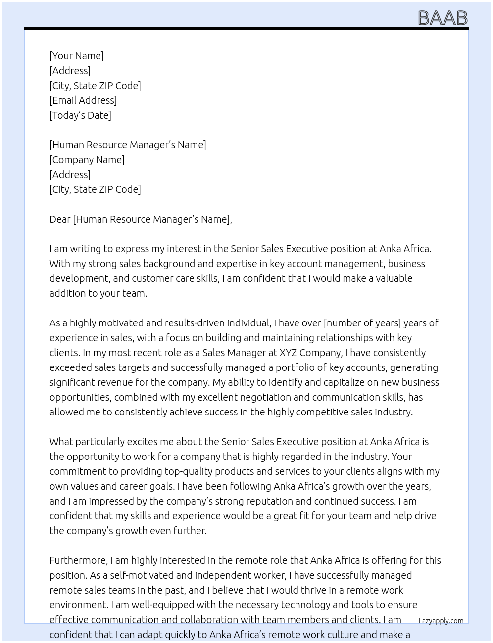 Senior sales executive At Anka Africa Cover Letter