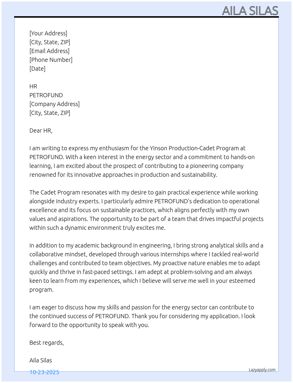 Cover letter for yinson production-cadet program - LazyApply