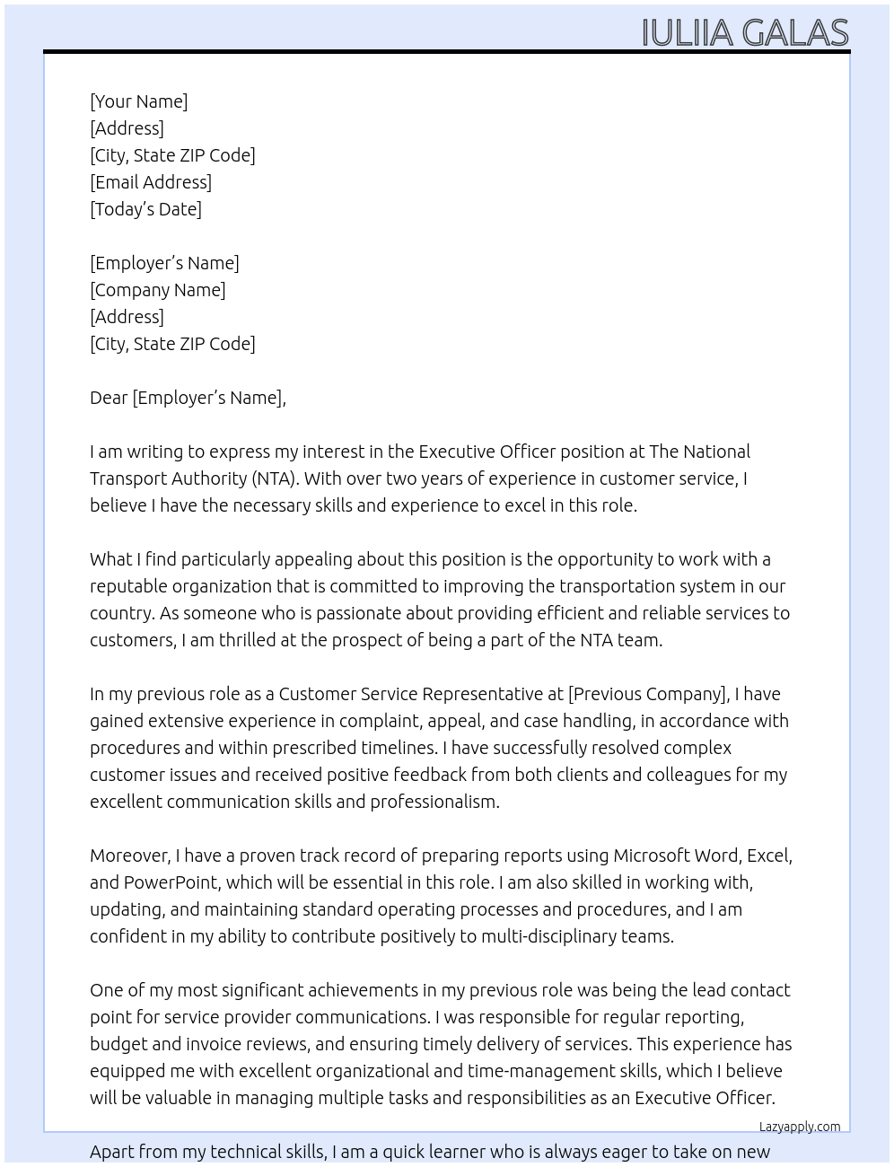 Executive Officer At The National Transport Authority (NTA) Cover Letter