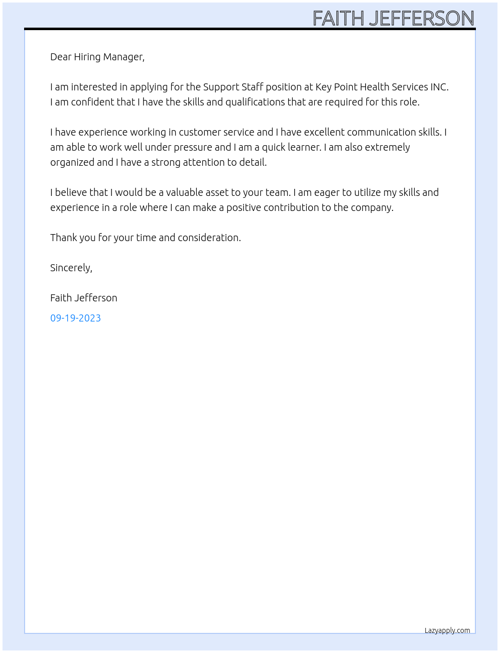 Support Staff At Key Point Health Services INC. Cover Letter