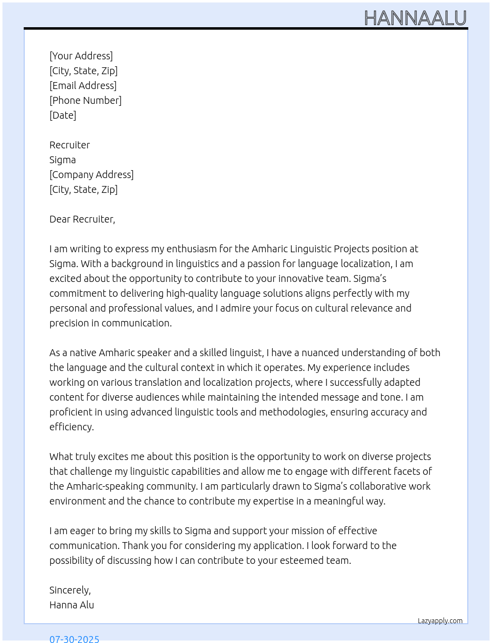 Amharic linguistic projects At Sigma Cover Letter