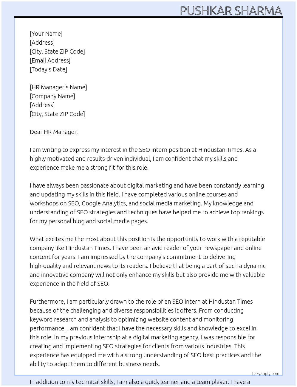 SEO intern At Hindustan Times Cover Letter