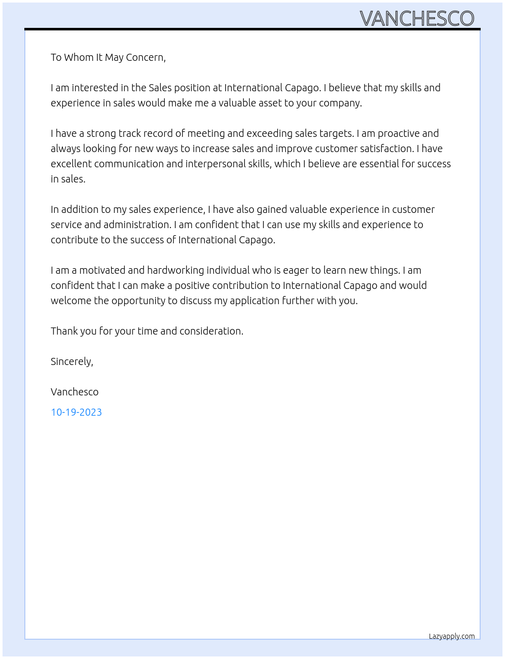 Sales person At International capago Cover Letter