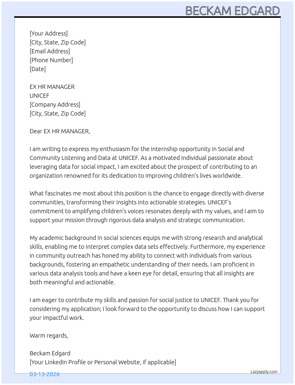 internship for social and comunity listening and data At unicef Cover Letter