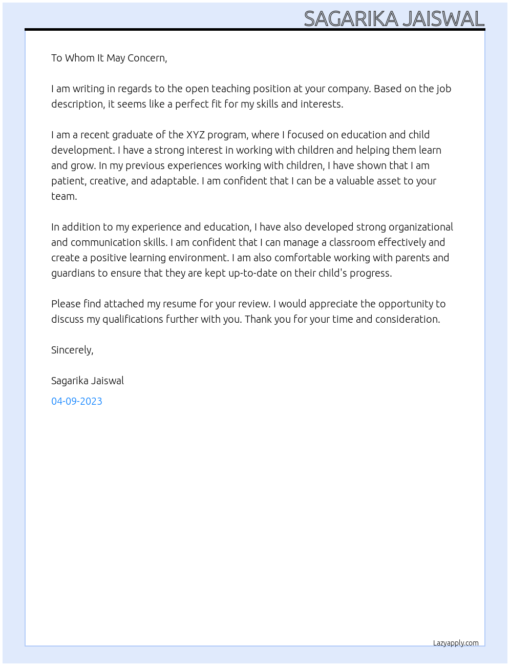 Teaching job At As a fresher Cover Letter