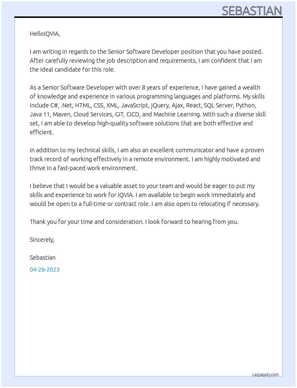 Senior Software Developer At IQVIA Cover Letter