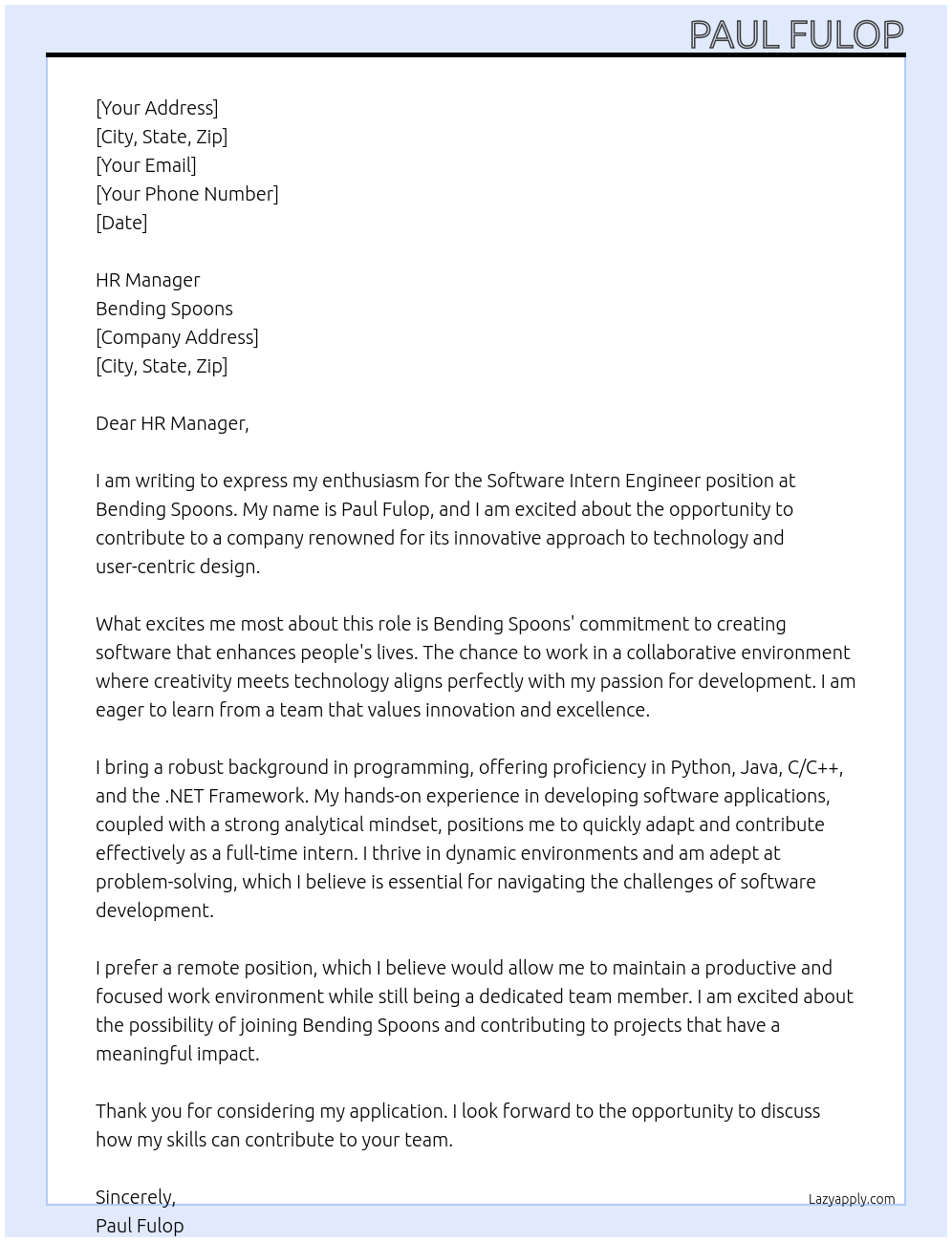 Software Intern Engineer At Bending Spoons Cover Letter
