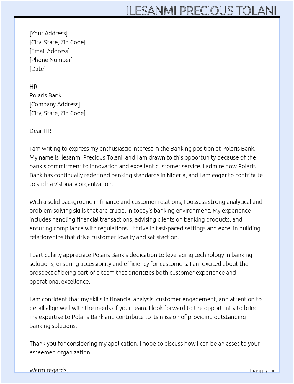 Banking At Polaris bank Cover Letter