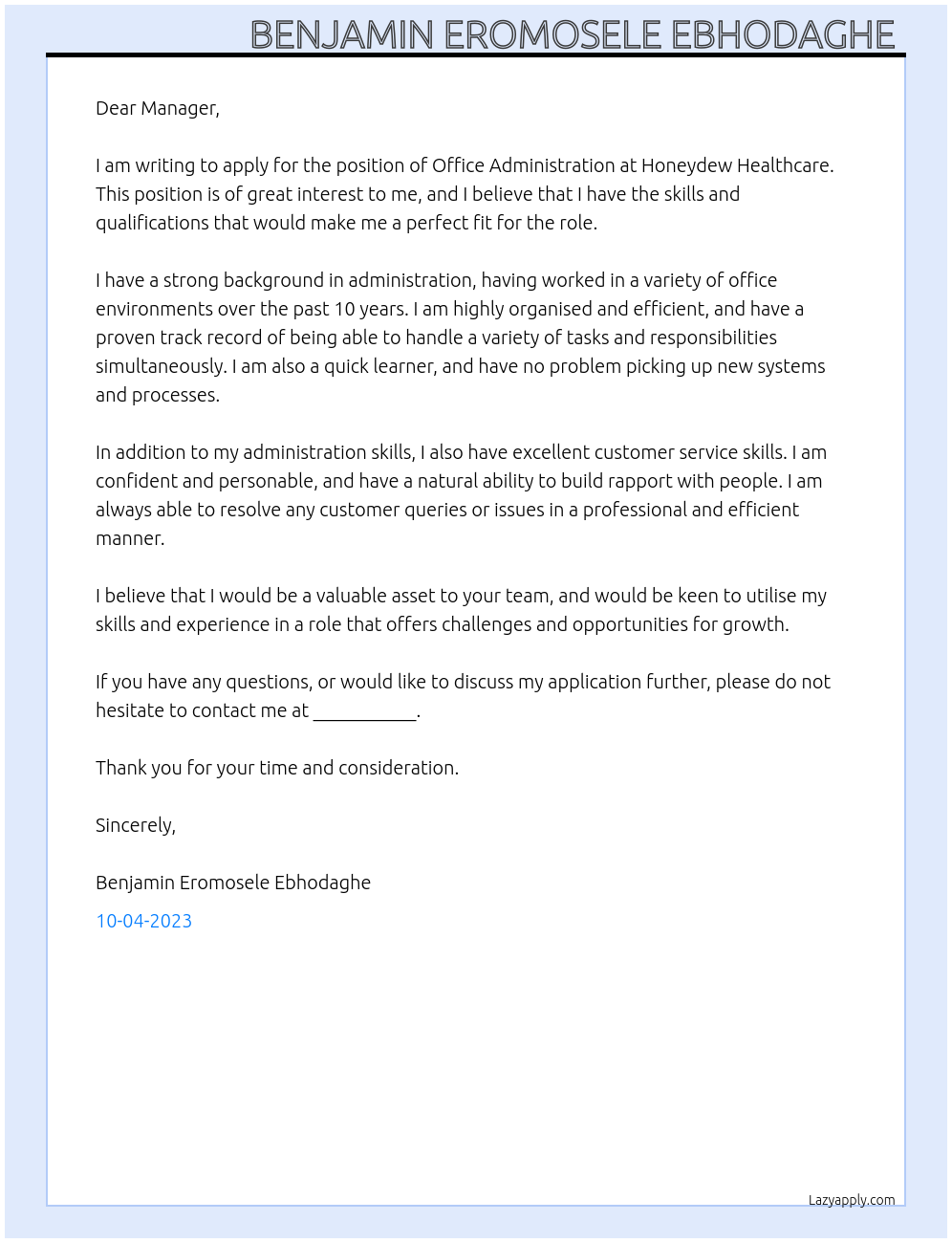 Office Administration  At Honeydew Healthcare  Cover Letter