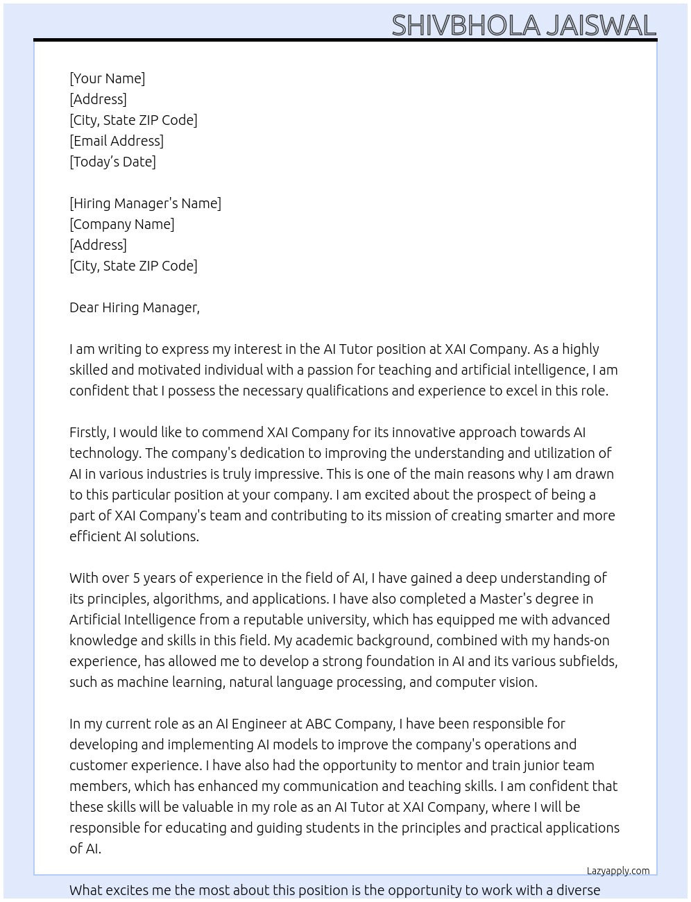 AI TUTOR At XAI COMPANY Cover Letter