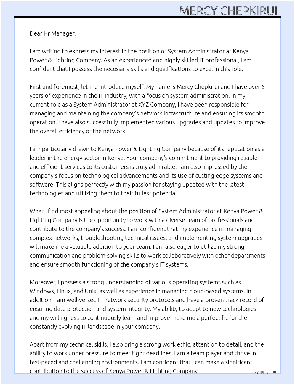System administrator At Kenya Power & Lighting Company Cover Letter