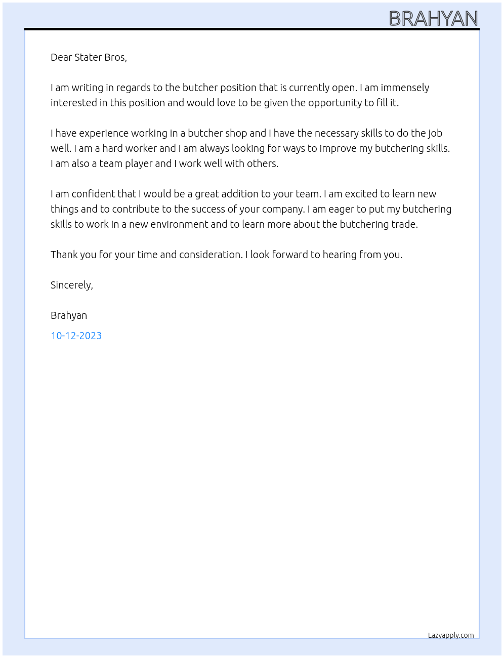 butcher At stater bros Cover Letter