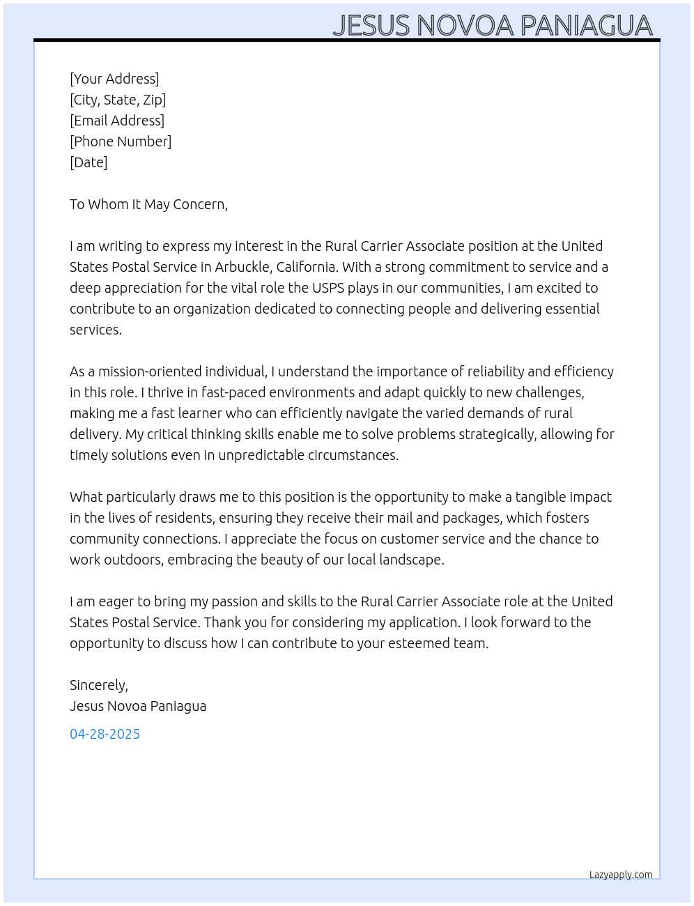 Rural Carrier Associate At United States Postal Service Cover Letter