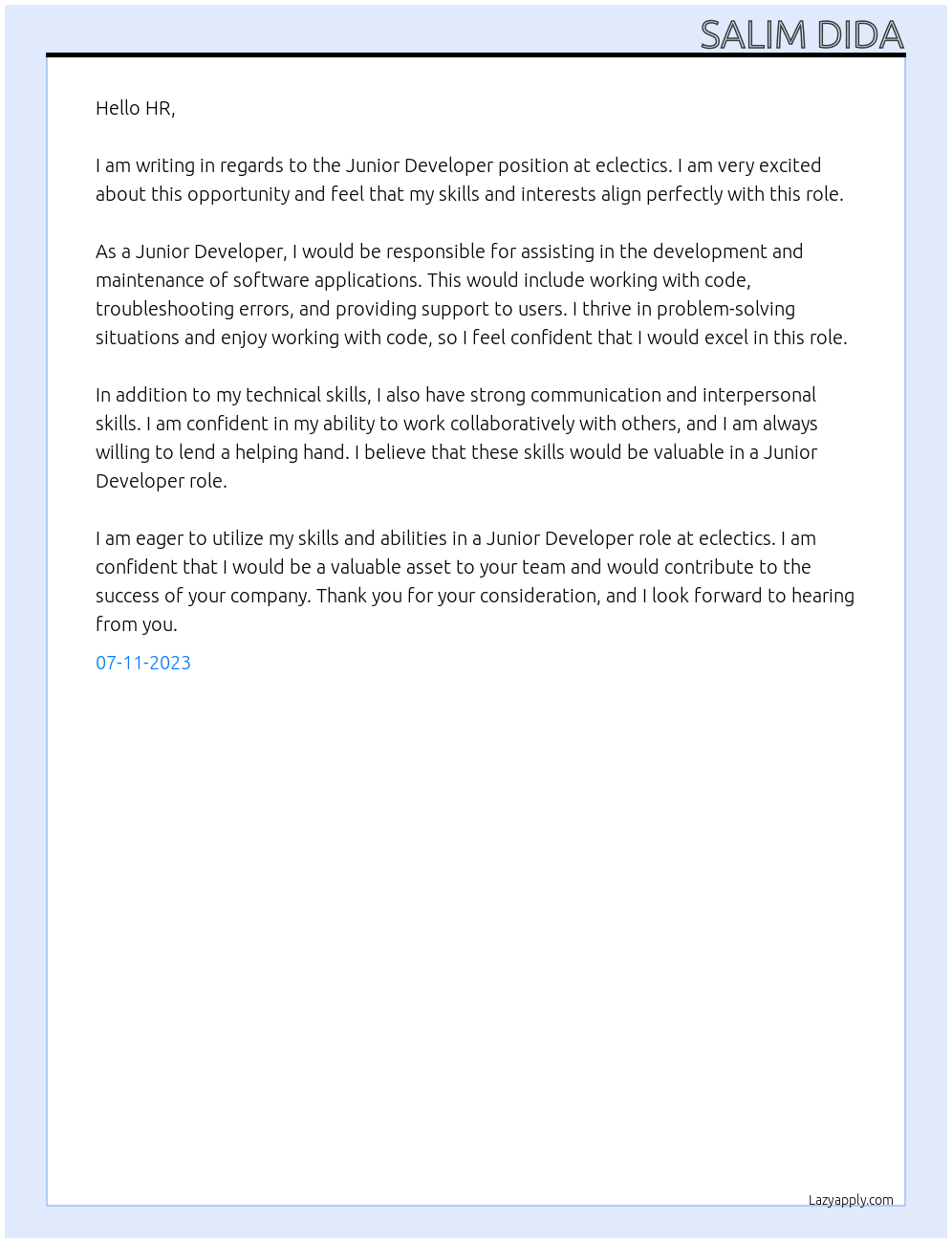 Junior Developer At eclectics Cover Letter
