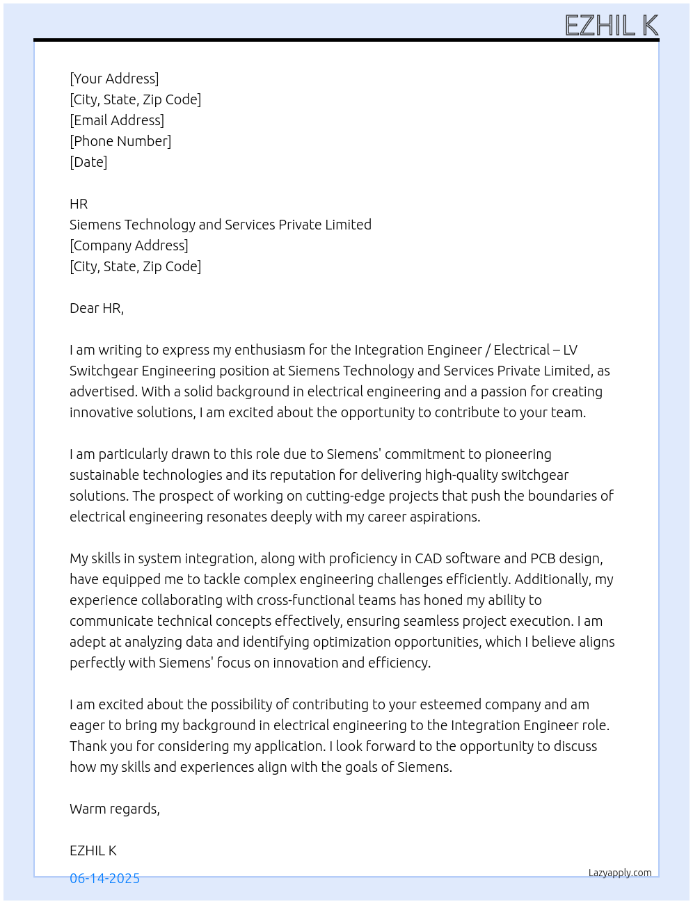 Cover letter for integration engineer / electrical – lv switchgear engineering - LazyApply
