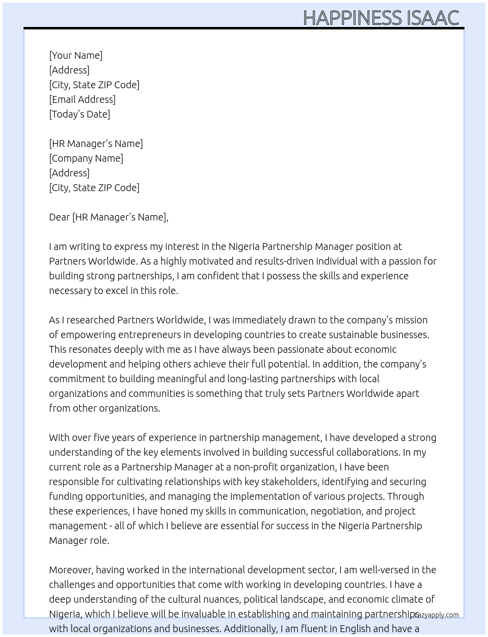 Nigeria partnership manager  At Partners worldwide  Cover Letter