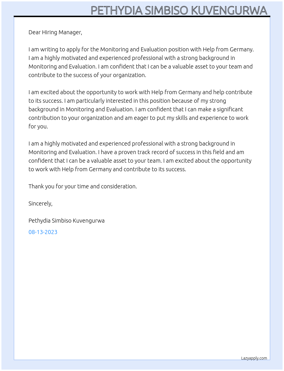 Monitoring and Evaluation At Help from Germany Cover Letter
