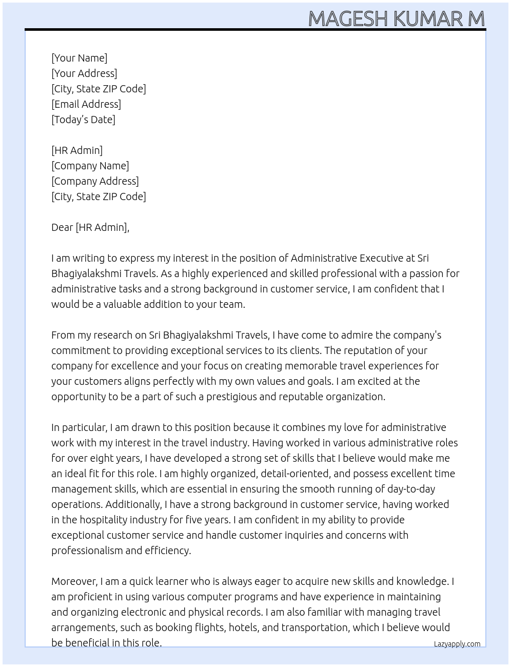 Administrative Executive At Sri Bhagiyalakshmi Travels Cover Letter