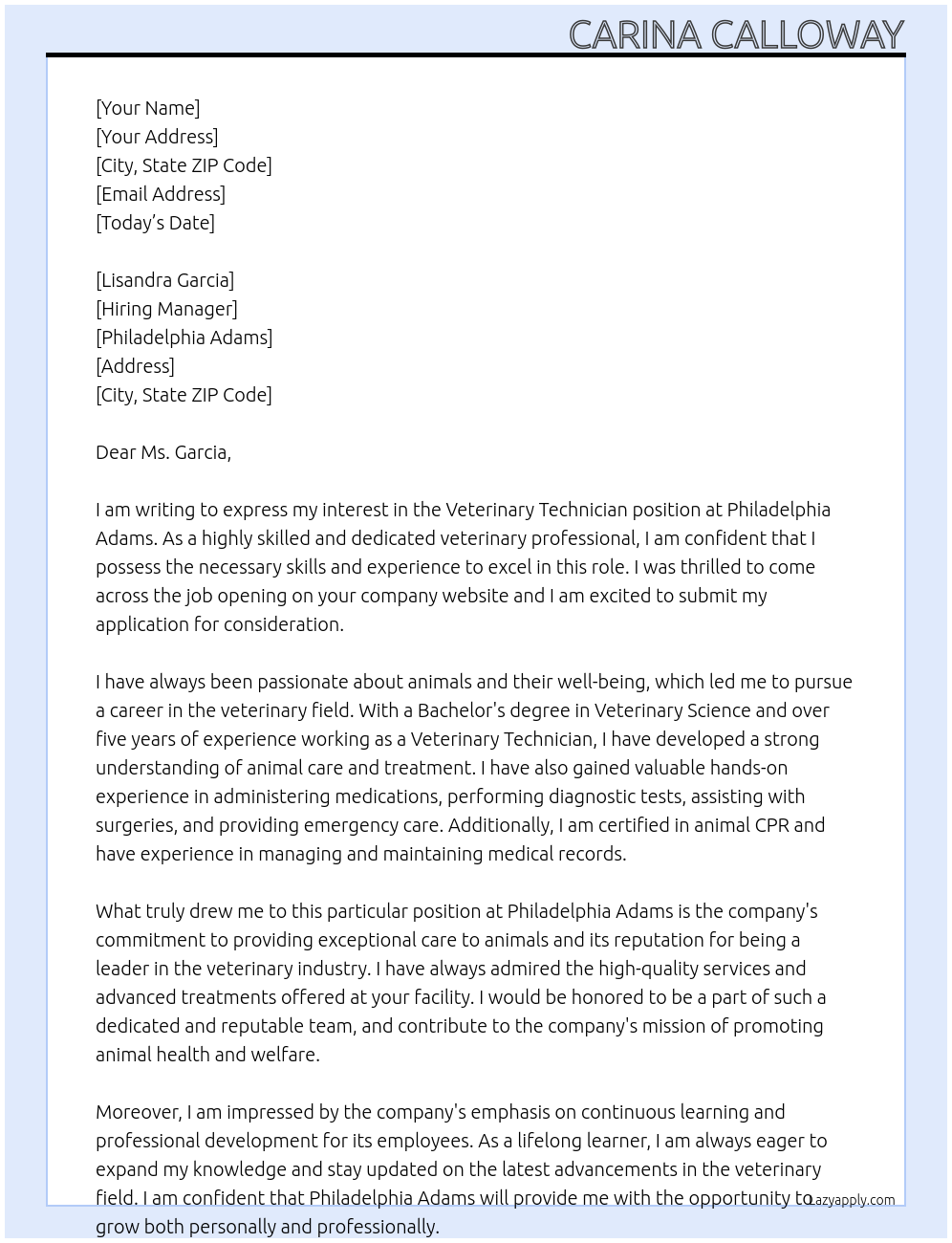 Veterinary Technician At Philadelphia Adams Cover Letter