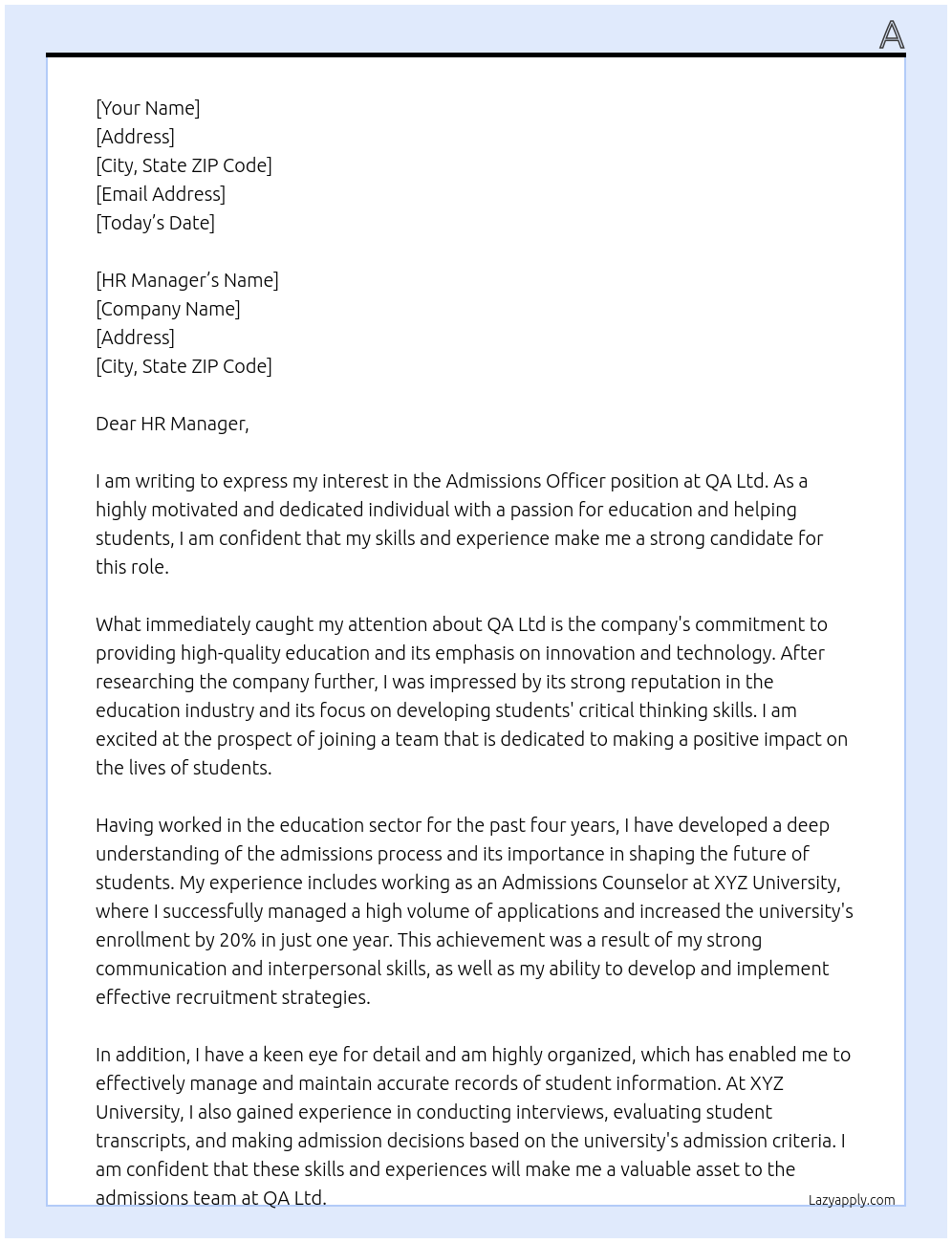 Admissions Officer At QA Ltd Cover Letter