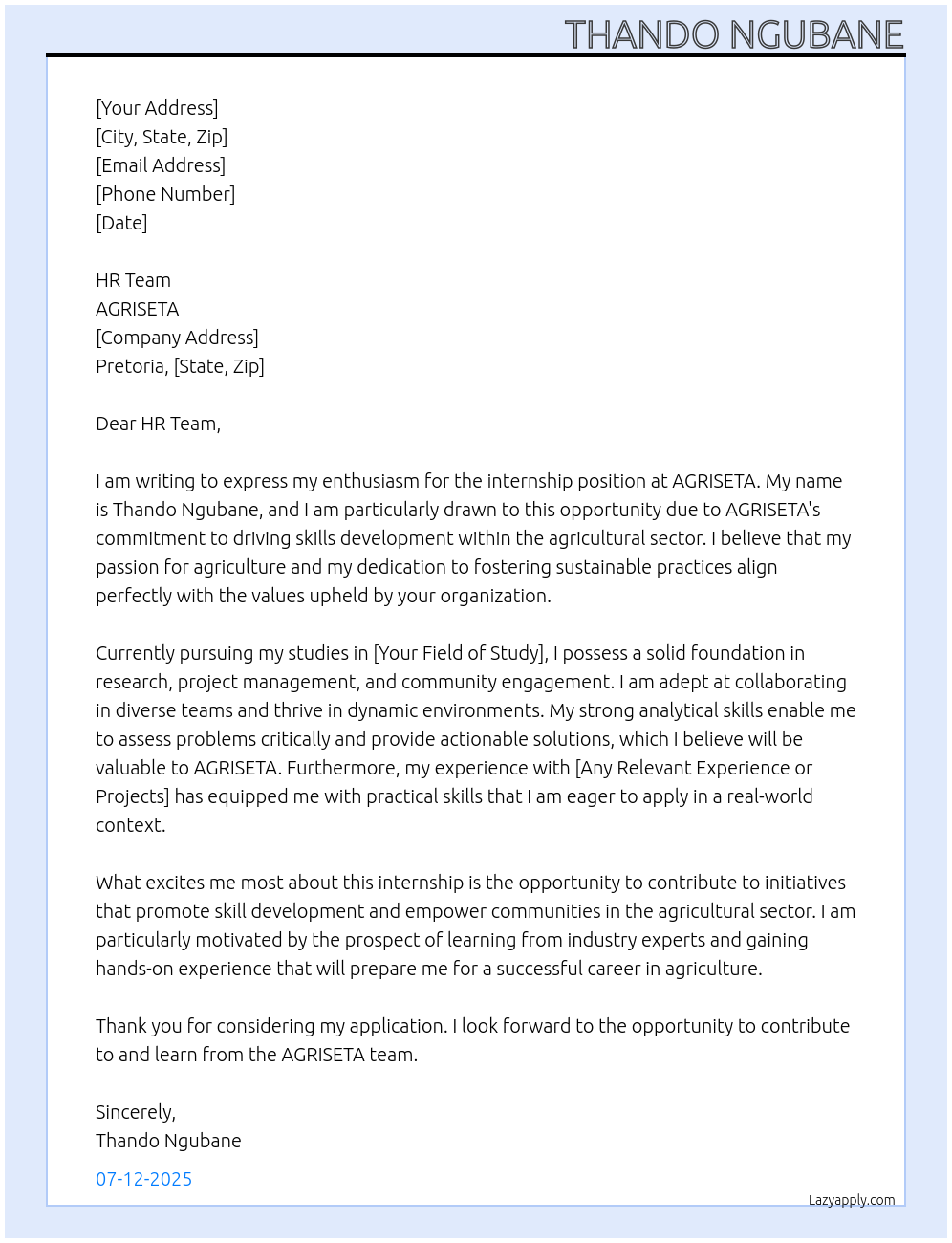 Internship At AGRISETA Cover Letter