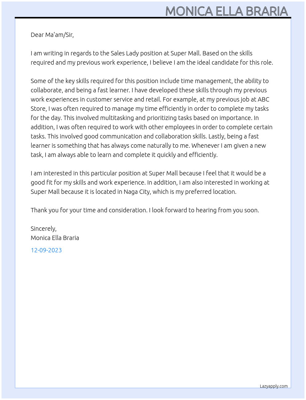 sales lady At Super Mall Cover Letter