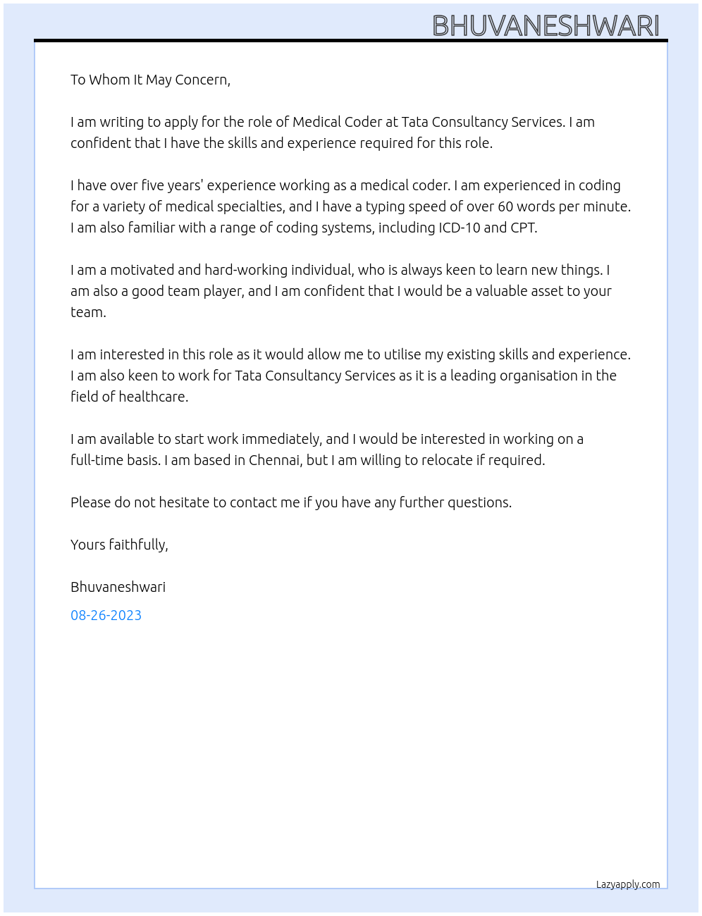 Medical coding At Tata consultancy services Cover Letter