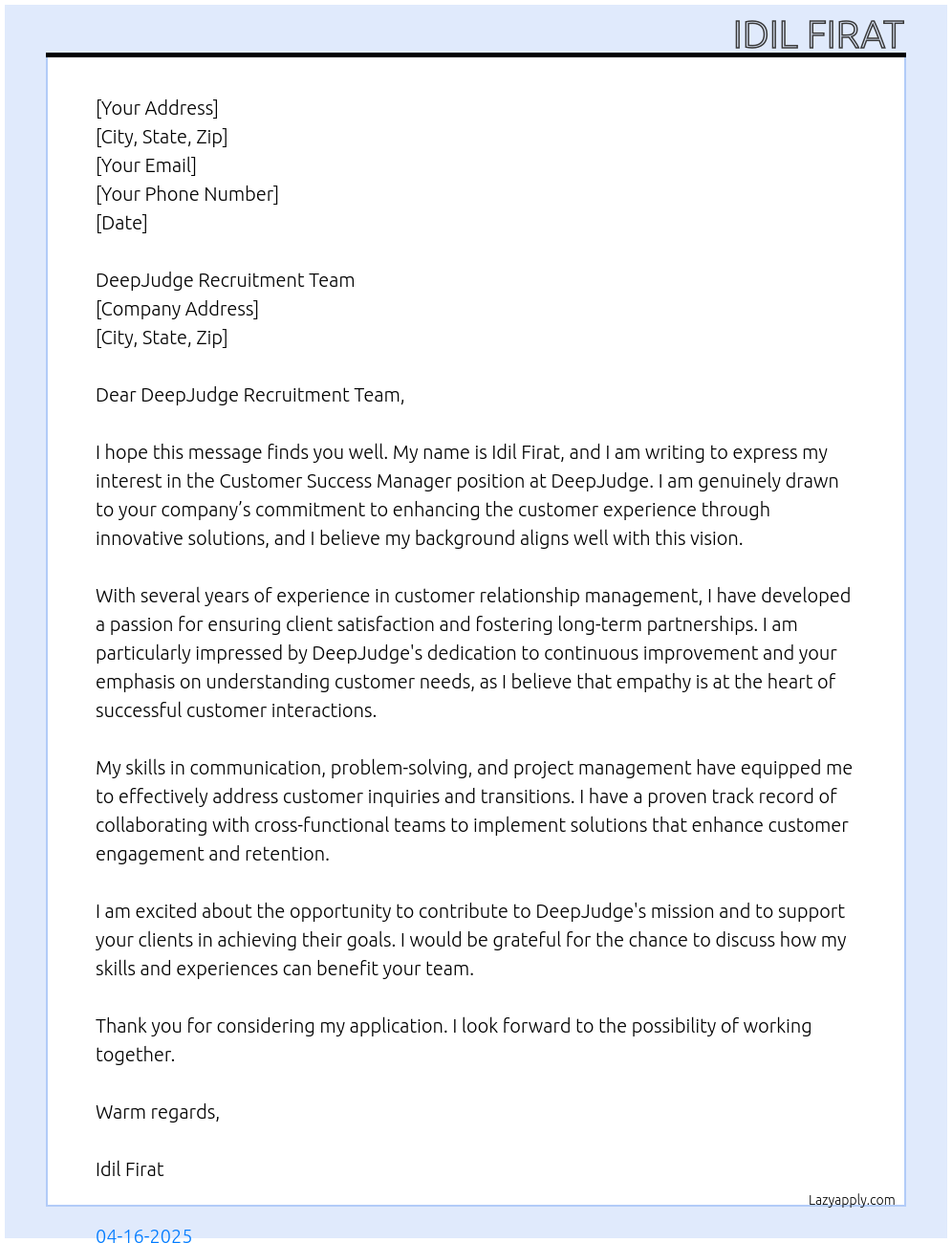 Customer Success Manager At DeepJudge Cover Letter