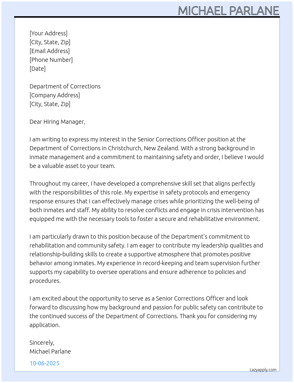 Senior Corrections Officer At Department of Corrections Cover Letter