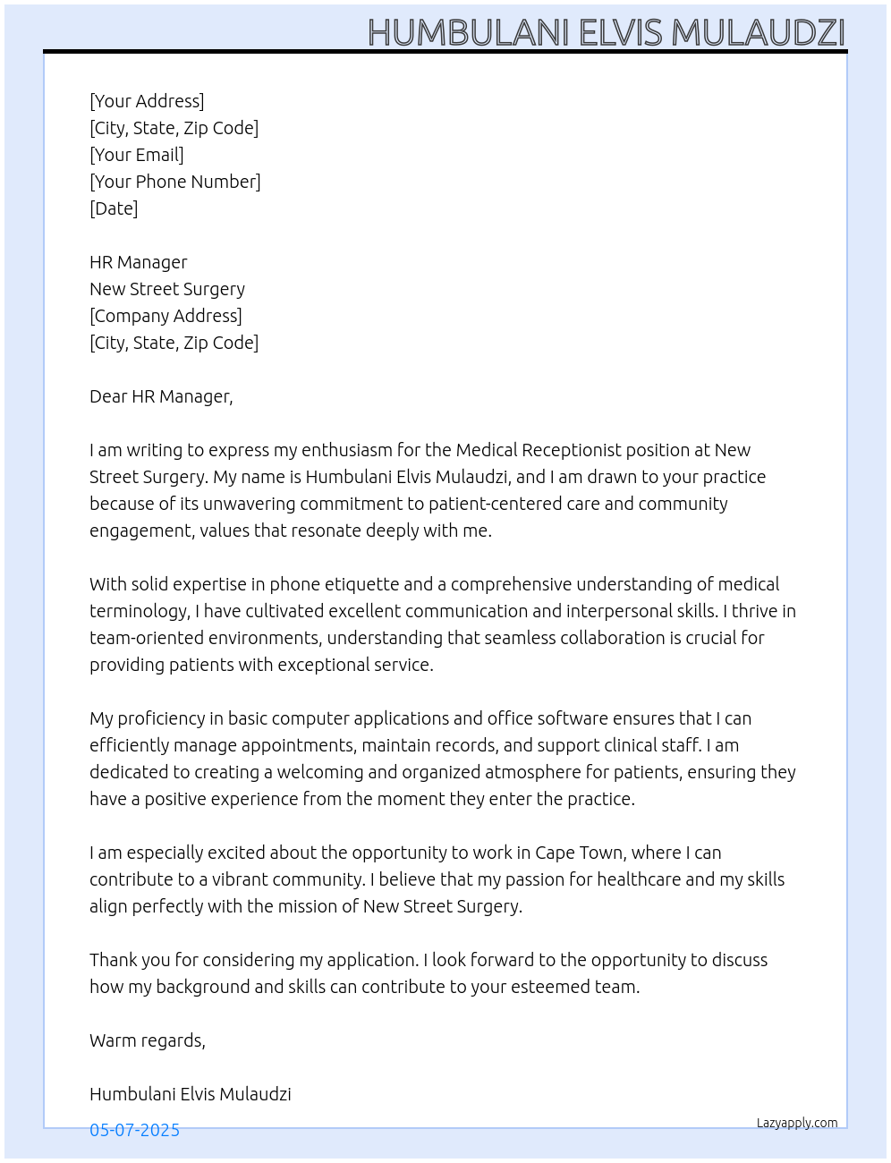 Medical Receptionist At New Street Surgery Cover Letter